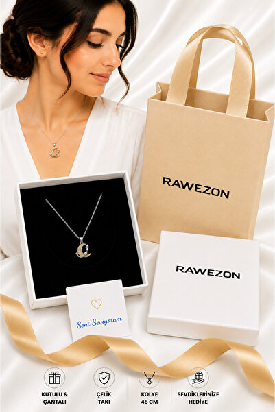 RAWEZON Steel Zircon Stone Crescent Moon Necklace with Box and Bag - Gift Set...