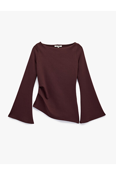 Koton Cotton Draped Asymmetrical Cut Long Spanish Sleeve T-Shirt