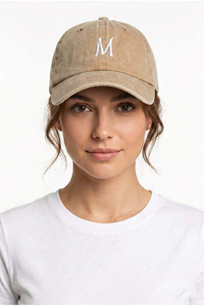 ŞapkaMania Beige Embroidered Washable Vintage Unisex Hat with Letter m