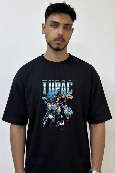 Anetos Tupac Motorcycle Design Printed Oversize Black T-Shirt