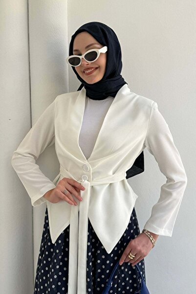Modaensarbutik Modern Kesim Beli Pile Detaylı Bağcıklı Ceket-BEYAZ