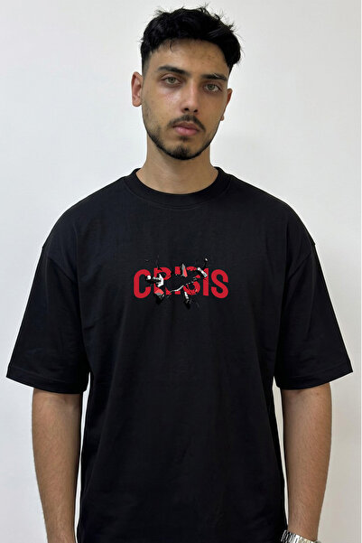 Anetos Crisis Shattered Design Printed Oversize Black T-Shirt