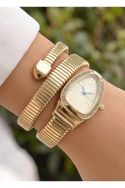Merand Gold Color Yellow Dial Snake Watch, Wrap Around Watch, Women's Wristwatch