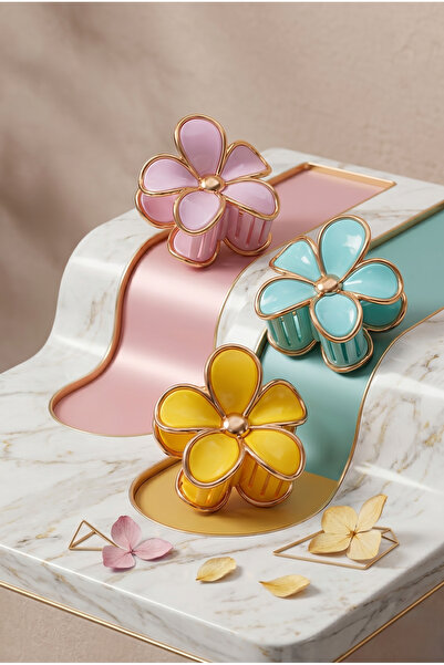 monalisatoka 3'lü Set Daisy Papatya Model Gold Detaylı Mandal Saç Tokası - Pa...