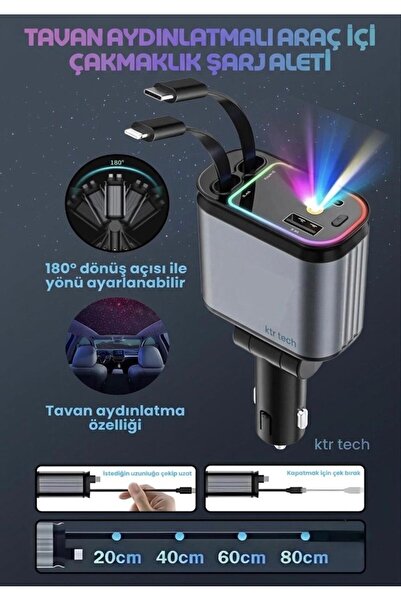 KTR TECH 66W Led Işık Tavan Aydınlatmalı 4IN1 Çift Kablolu Hızlı Şarj 3.4A Ar...
