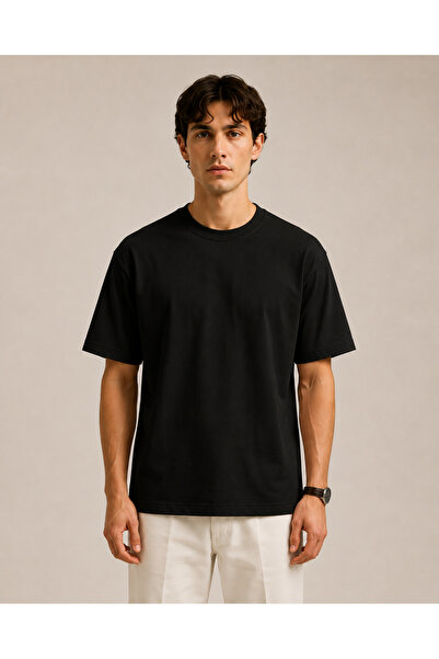 EHİNOS Erkek Unisex Oversize Pamuklu Bisiklet Yakalı Siyah T-Shirt