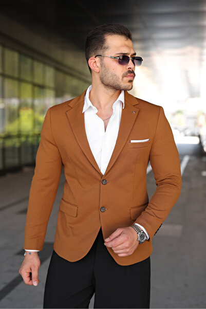 SABRİ ZENGİN Men's Mustard Slim Fit Double Button Blazer Jacket