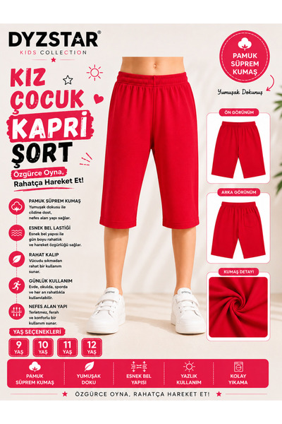 DYZSTAR Kız Çocuk Pamuk Süprem Kapri Şort Kırmızı Rahat Kalıp Yazlık 9-10-11-...