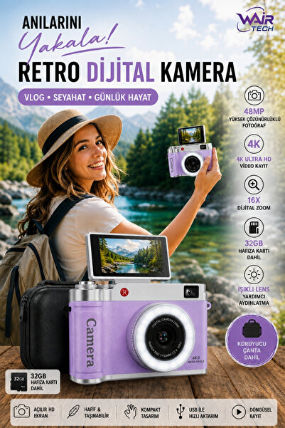 Wair Teknoloji 4K Çantalı Dijital Retro Video Kamera 48MP 16X Zoom Işıklı Len...