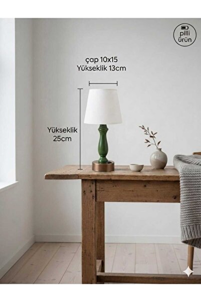 poplinhome Pilli Kablosuz Torna Ahşap Gövdeli Kumaş Başlıklı Abajur - 25 cm R...