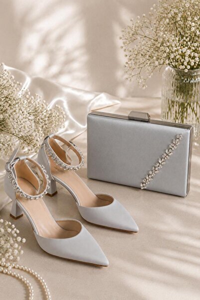 Ludira Silver Ankle-Strapped Satin Elegant Shoes and Zircon Stone Evening Dre...