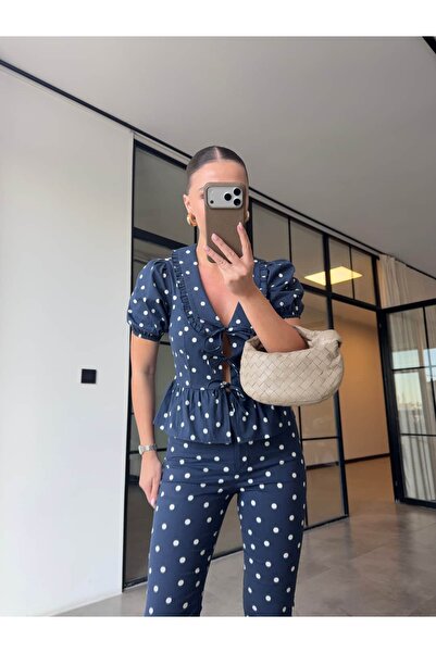 BB Bensu Buyruk Balon Kol Tie-Up Polka Dot Blouse