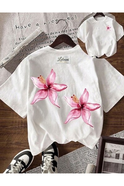 LELVANİ Women's Double Pink Lily Flower Front and Back Printed Crewneck T-Shirt