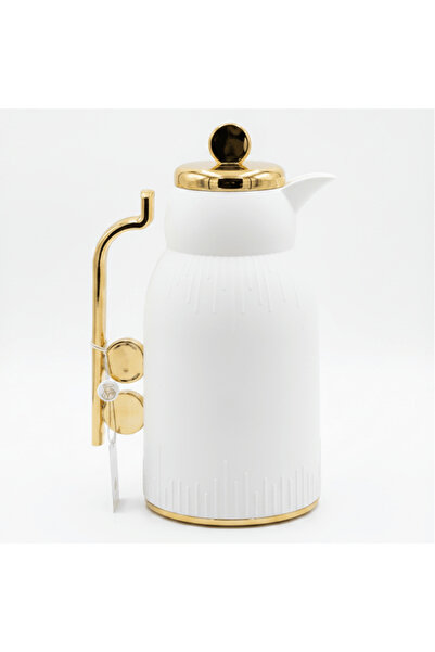 AKDC White & Gold Vacuum Flask — 1 Litre | Thermal Insulated Carafe