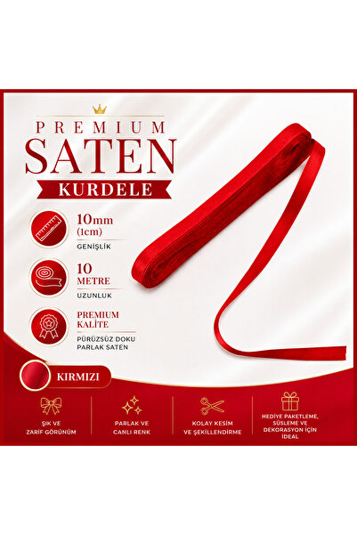 edalle Kırmızı Saten Kurdele 1 Cm 10 Metre, Özel Gün Hediye Süsleme Kurdelesi