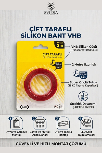 Çift Taraflı Silikon Bant 10 mm x 2 m Şeffaf Güçlü Yapıştırıcı Bant Isıya Dayanıklı Montaj Bandı