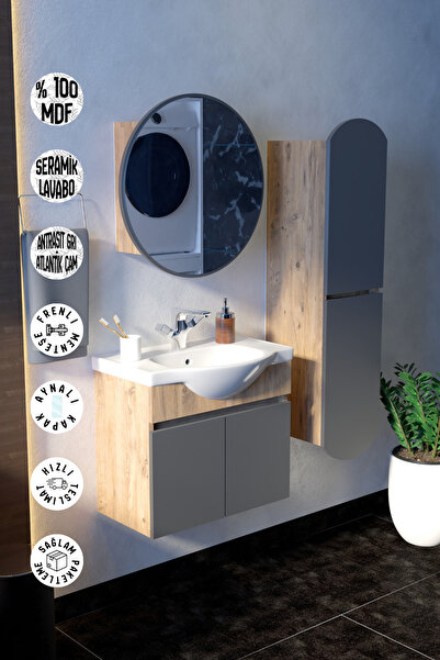Septemius Erciyes 65 cm MDF Banyo Dolabı Seramik Lavabolu Oval Aynalı Havlu D...