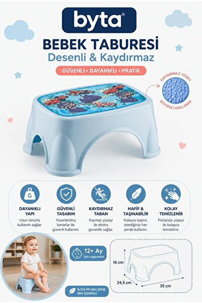 BYTA Kaydırmaz Desenli Bebek Basamağı Çocuk Taburesi 35x24,5x16 cm Mavi