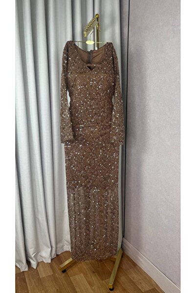 Geneic Long Straight Cut Sequin Evening Dress - Shiny Mocha Brown