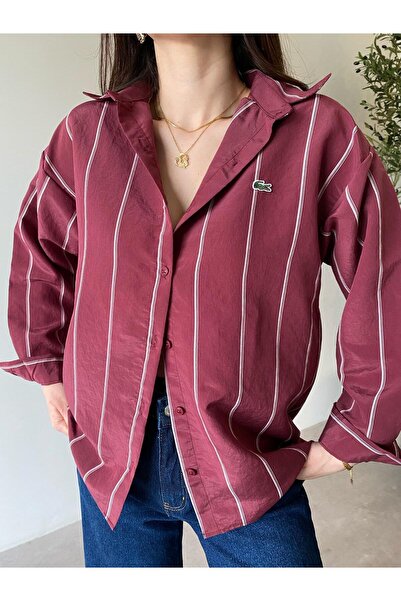 Bade Butik Burgundy Brand Model Striped Oversize Shirt