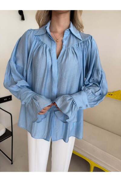 Bade Butik Blue Drawstring Sleeve Detailed Shirt