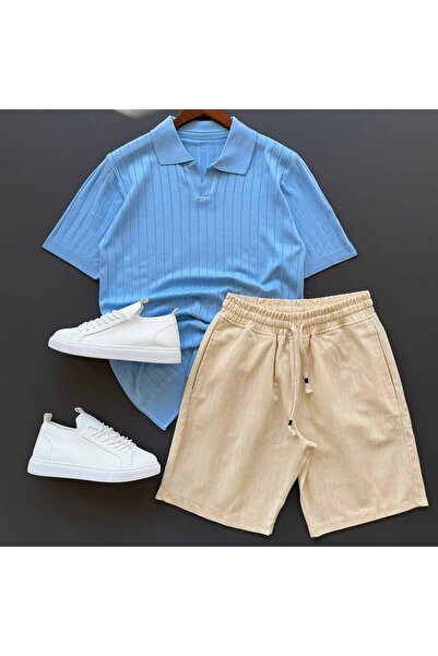Beylerce Nurse Collar Knitwear T-Shirt + Raw Linen Shorts 2-Piece Combination