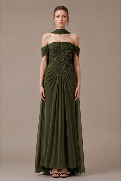 Jood Embroidered Corset Maxi Evening Dress with Draped Shawl