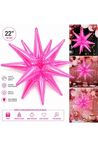Bkmc 22 İnç Holografik 3D Kutup Yıldız Folyo Balon Neon (Renk) Parti Süsü Helyum Uyumlu 56 cm