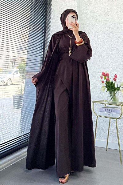 MELEK ARAZ Premium Miena Keten Üçlü Abaya Takım - Kahverengi