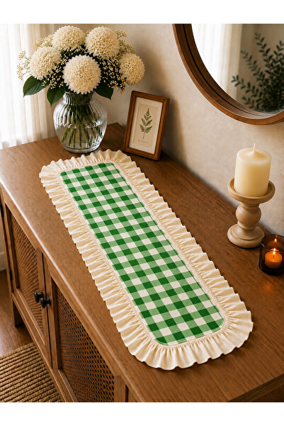 ŞAH TEXTILE DESIGN 30x80 keten fırfırlı pötikare runner konsol örtüsü