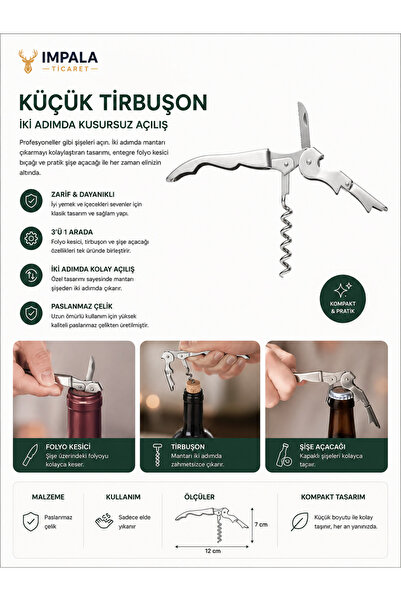 IKEA Paslanmaz Çelik Tirbuşon Uzunluk: 12 Cm Şarap Açacağı Şişe Açacağı Pasla...