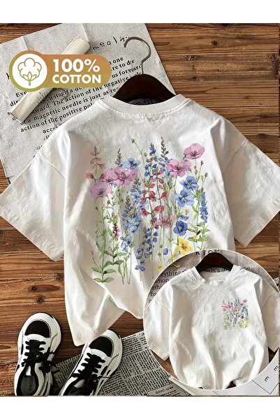AEMİ Unisex cveće Štampano Oversize kroj okrugla kragna T-shirt