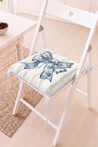 Home Mavi Çiçekli Kurdele Fiyonklu Pofidik Sandalye Minderi - Çizgili Vintage...