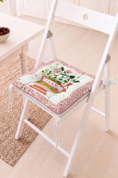 Home Çiçek ve Vazo Desenli Pofidik Sandalye Minderi - Pembe Çerçeveli Dekorat...