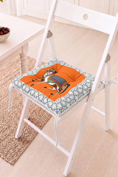 Home Turuncu Zeminli At Figürlü Pofidik Sandalye Minderi - Gri Geometrik Dese...