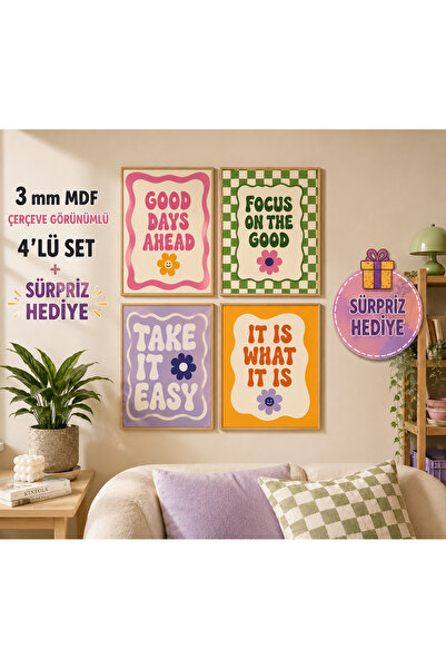 kids town Retro Renkli Motivasyon Temalı 4'lü MDF Çerçeve Görünümlü Duvar Tab...