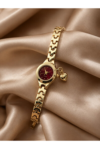 GANYMET Apolia Women's Gold Steel Cord Burgundy Dial Heart Charm Detailed Lux...