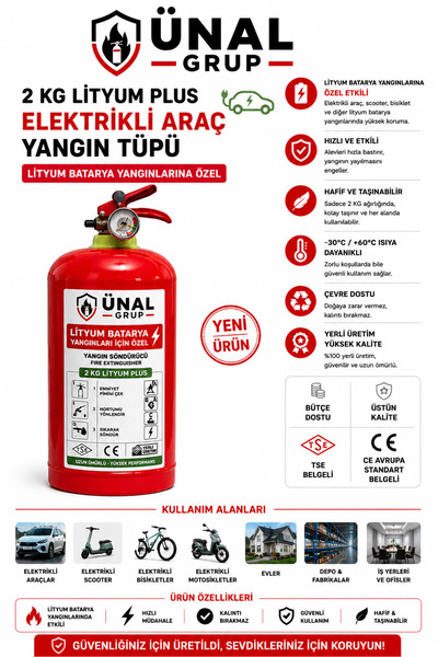 ünalgrup 2 kg Elektrikli Araç Lityum Yangın Söndürücü KKT Yangın Tüpü Ev Ofis