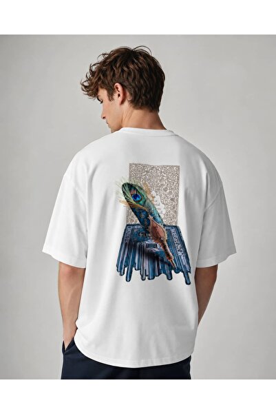 CANMODA Oversized White T-Shirt with Peacock Feather and Oriental Carpet Pattern