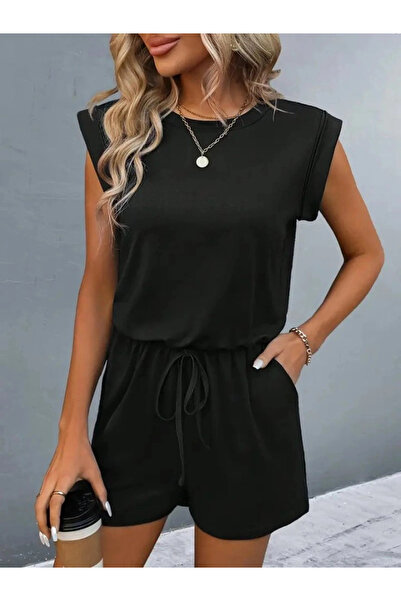 Generic Brand Women's Short Sleeve Padded Waist Tie Short Viscose Jumpsuit