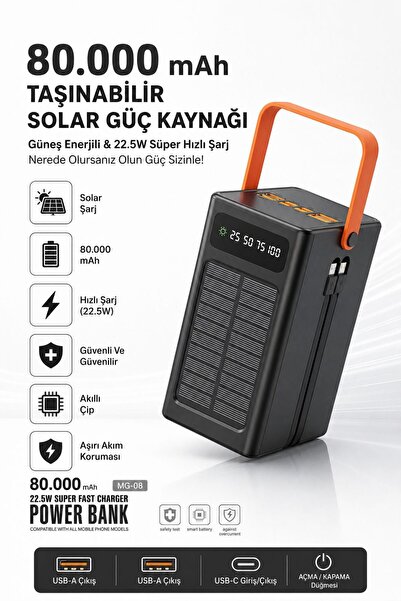 TEKNOHANE 80000 m Ah Güneş Enerjili Powerbank PD 22.5Watt Hızlı Şarj Kendinde...