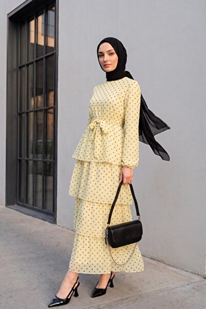 Modamorfo Cross-Tied Layered Skirt Polka Dot Chiffon Dress - Light Yellow