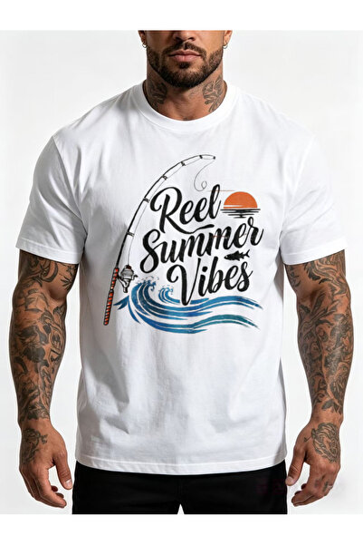 1001 Line تي شيرت رجالي بتصميم كاجوال بطبعة Reel Vibes Fishing للأنشطة الخارج...
