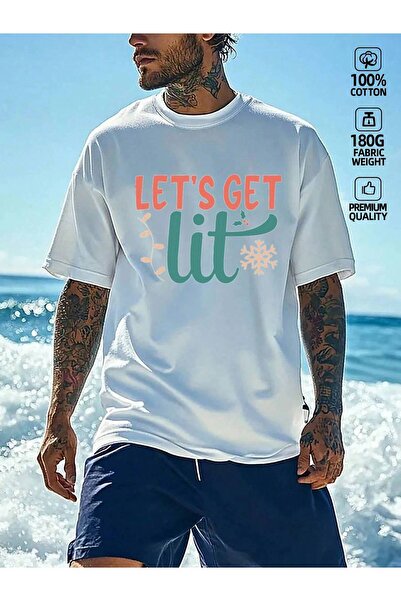 2mcup قميص رجالي أبيض 100% قطن بوزن 180 جرام مع شعار مضحك "Let's Get Lit" وطب...