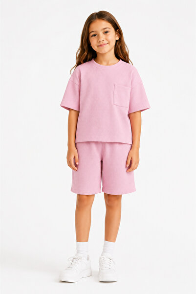 monox Unisex 5-12 Yaş Petek Dokulu Oversize Yazlık Şort Tişört Takım