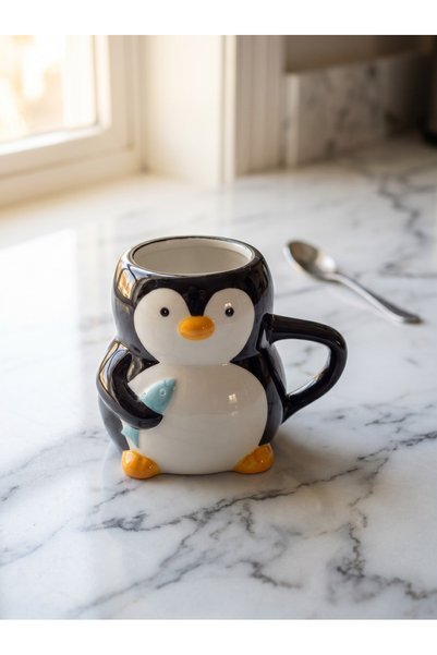 Rosie Handmade Ceramic Mug with Penguin Catching Fish Figure, Mug, 420 ml