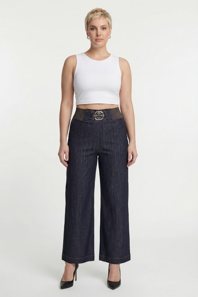 EXİTLİNE Women's Navy Blue Summer Denim Trousers with Elastic Waist and Acces...