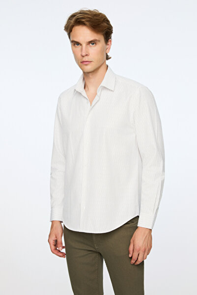 Morven Men's Beige Trendy Striped Dynamic Fit Hard Collar Shirt