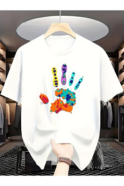 BASEPULSE White Short Sleeve T-Shirt with Colorful Handprint Art Design | Cas...