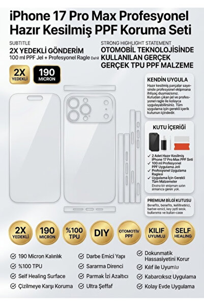 Drive Detailing iPhone 17 Pro Max PPF Tam Kaplama Seti 190 Micron Ultra Parla...